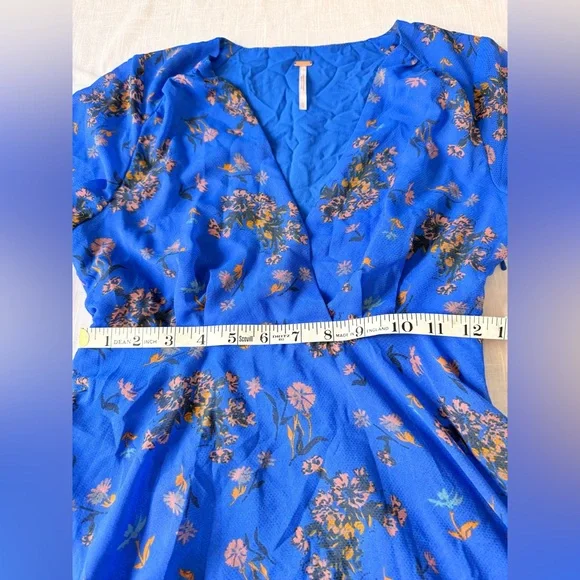 Free People Lilou Vibrant Blue Floral Long Sleeve Dress in Cobalt Combo‎ XS - Picture 13 of 14